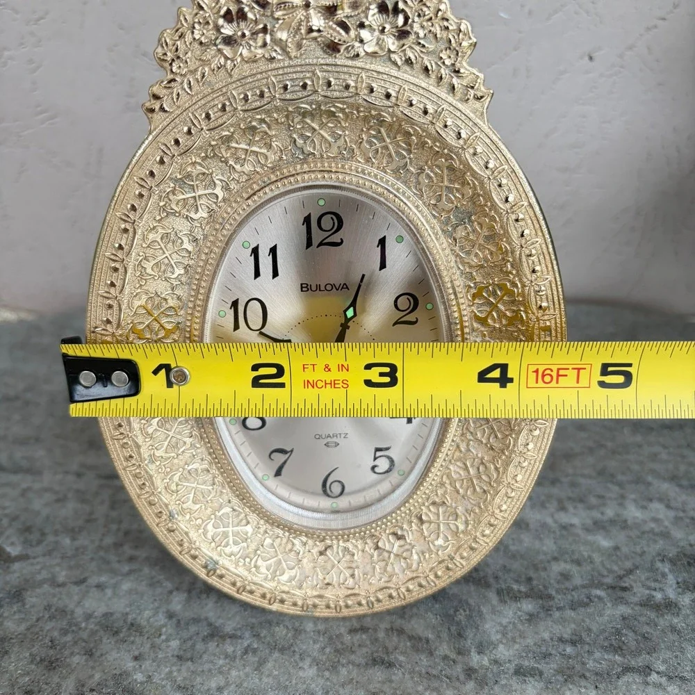 Bulova Quartz Alarm Clock Gold Tone Ornate Filigree Oval Table Desk 4RE708